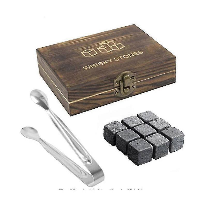Whiskey Set 9 Granite Whiskey Rocks with Wooden Box Reusable Cooling Ice Cubes--As Shown