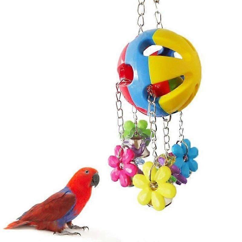 Hanging Chew Toy for Bird Parrot Macaw with Flowers and Plastic Bell Multicolor