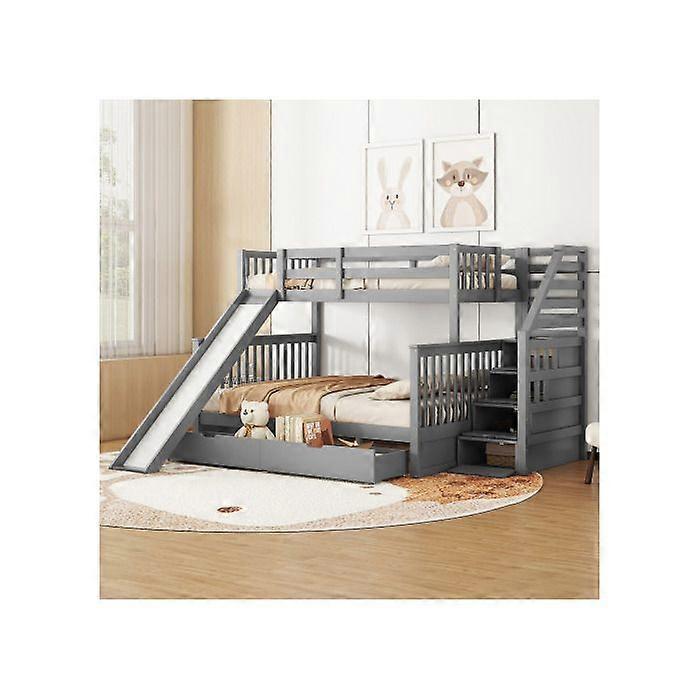 Køjeseng, 90 x 200 x 140 x 200, med skuffer, opbevaring og rutsjebane, multifunktionel, grå