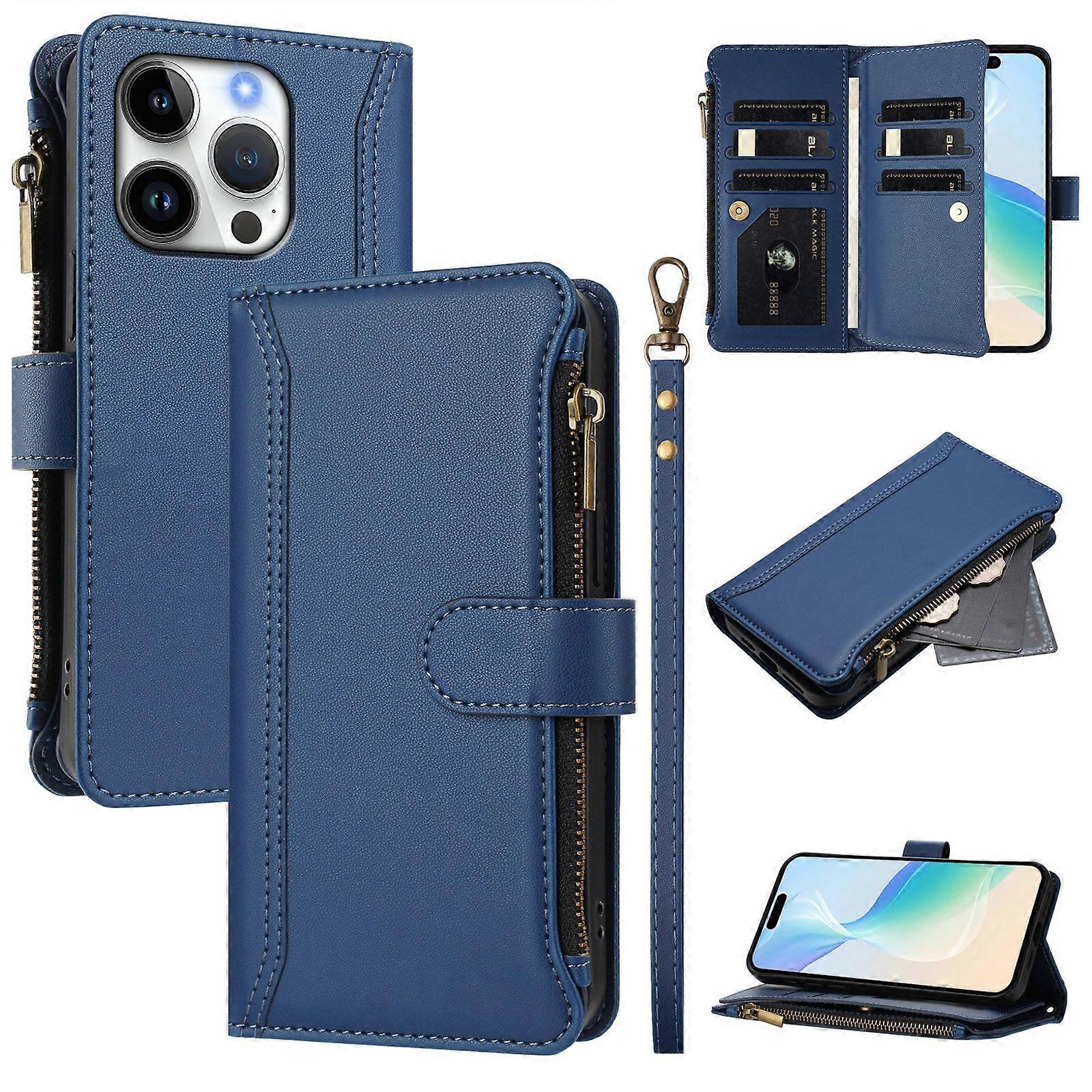 Case for iPhone 16 Pro Premium Leather Zipper Pocket Wallet Phone Case with 9 Card Slots and Detachable Wrist Strap