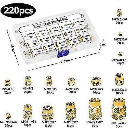 220Pcs M2-M6 Press Nut Brass Threaded Bushings Inner Thread