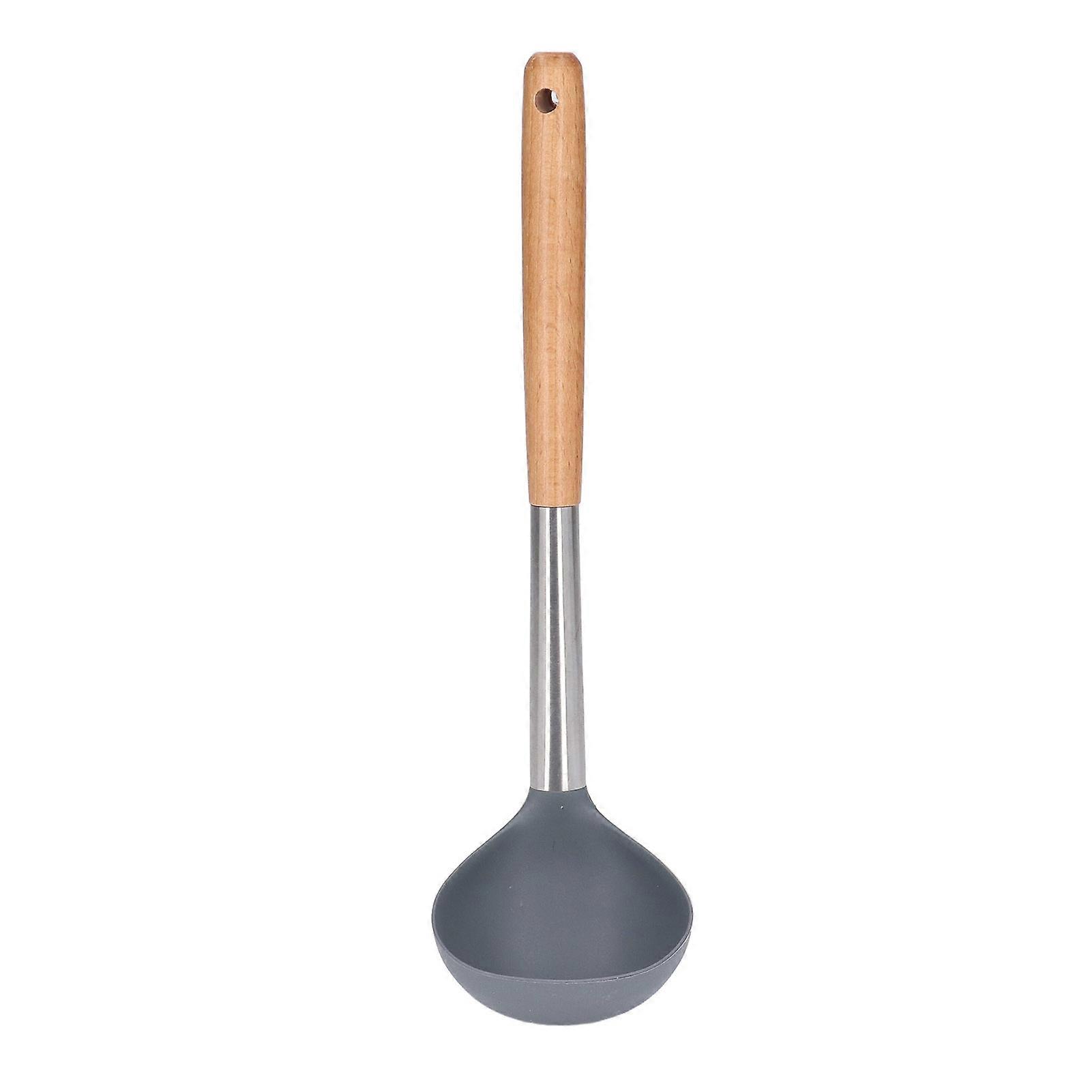 Safe and Durable Soft Silicone Soup Ladle Non-stick Scratch Resistant Wooden Handle Spoon