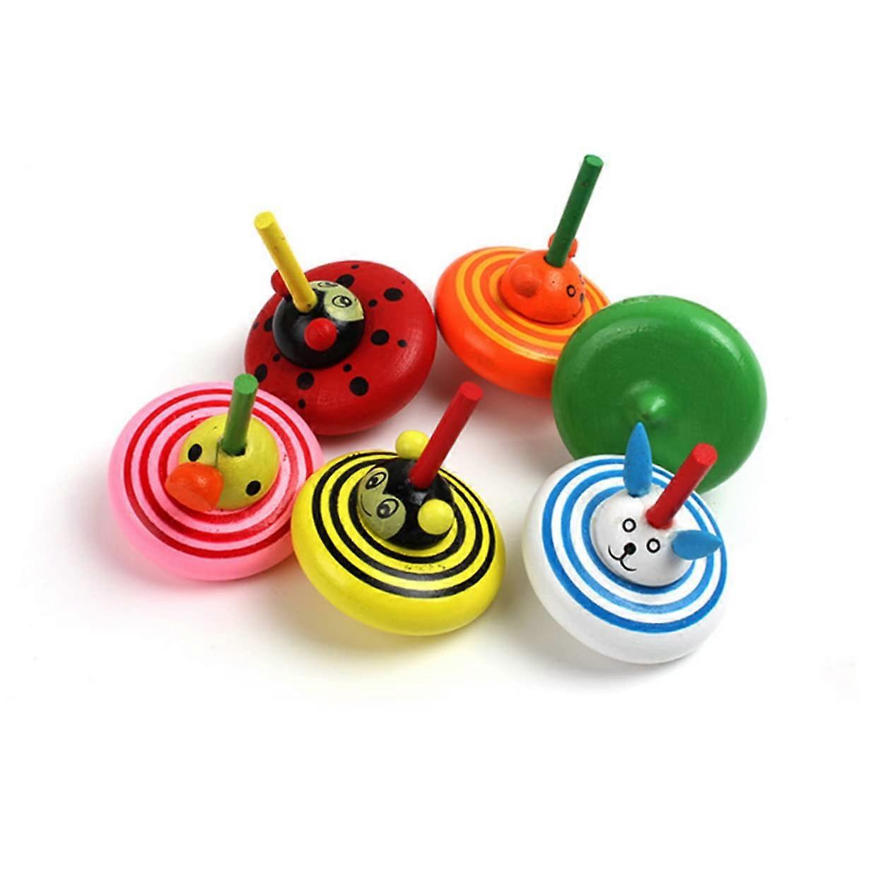 Pack of 6 Wooden Plate Desk Toy Mini Animal Toy Gyroscope Wooden Spinning Small Children's Toy Funny Plug Toy Bamboo