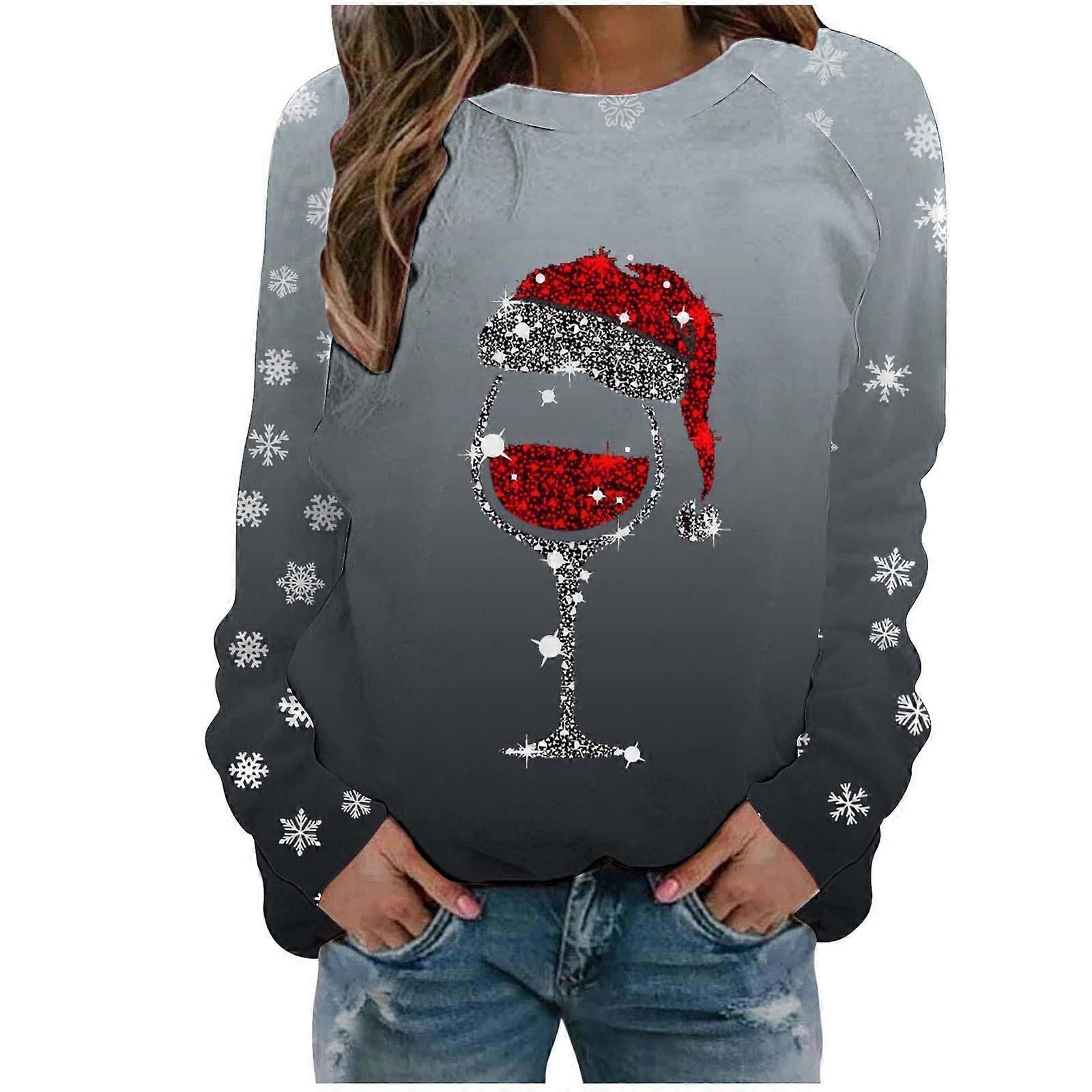 Weihnachtspullover Damen Oversize Langarmshirt Schwarz Baumwolle Rundhals Elegant Christmas Pullover Print Freizeit