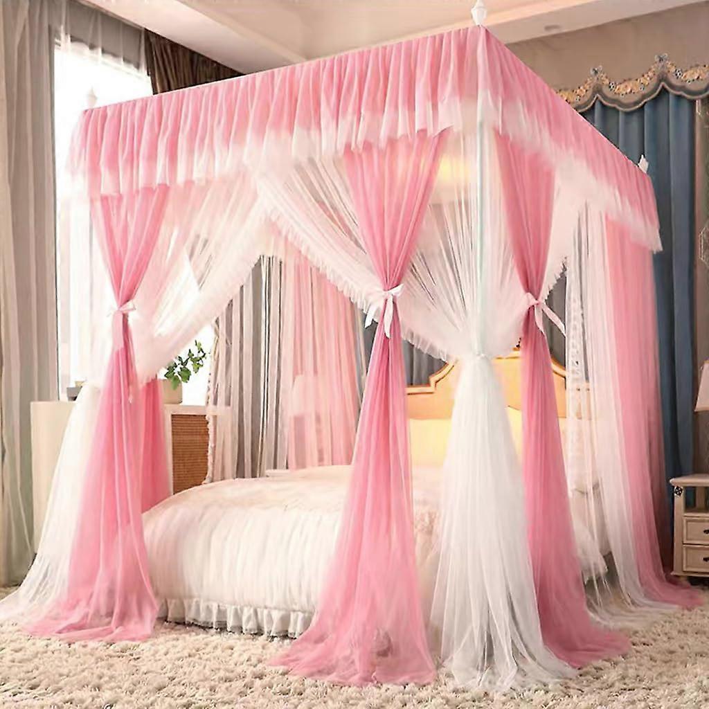 Mosquito Net Curtains Four-Corner Princess Canopy for Girls' Room - Double-Layer Transparent Mesh, Pink-White, Full Size