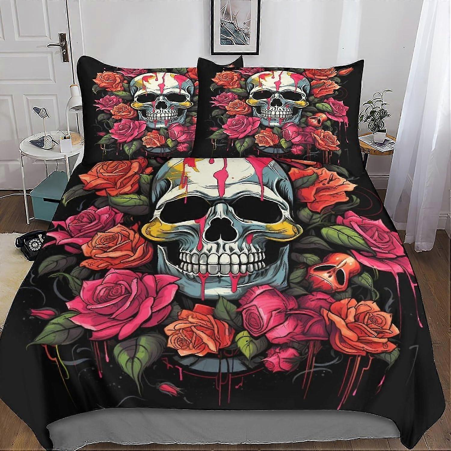Skull Floral Duvet Cover Set, 3D Printed 3 Pieces Soft Microfiber Bedding Set for Teens and Adults