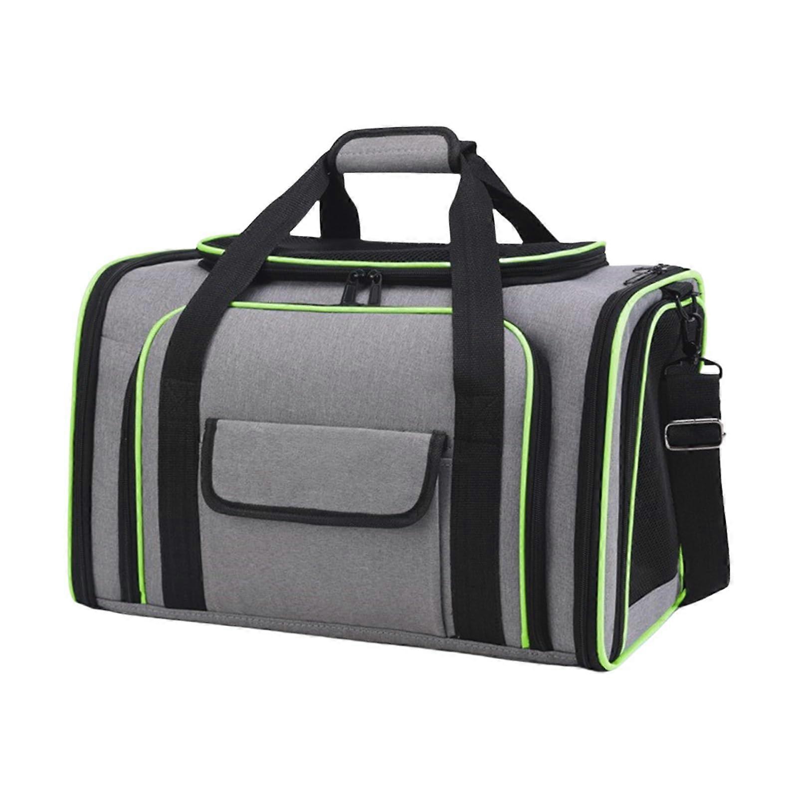 Pet Carrier Bag, Expandable Side, Breathable Travel Case, Adjustable Shoulder Strap, Grey/Green, Large Size
