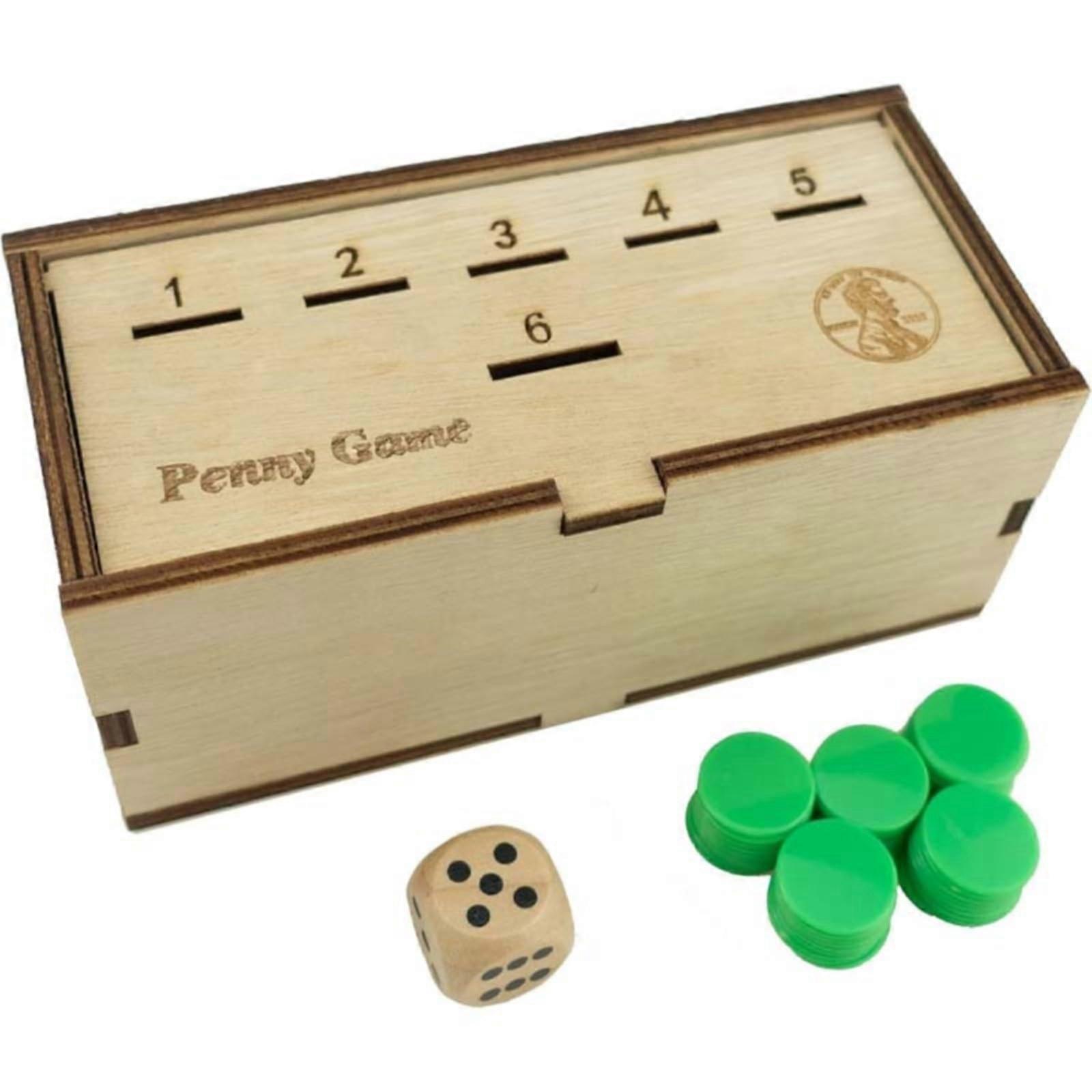 For 2 Players: handmade wooden play box, dice, 50 chips, rules. Beige.