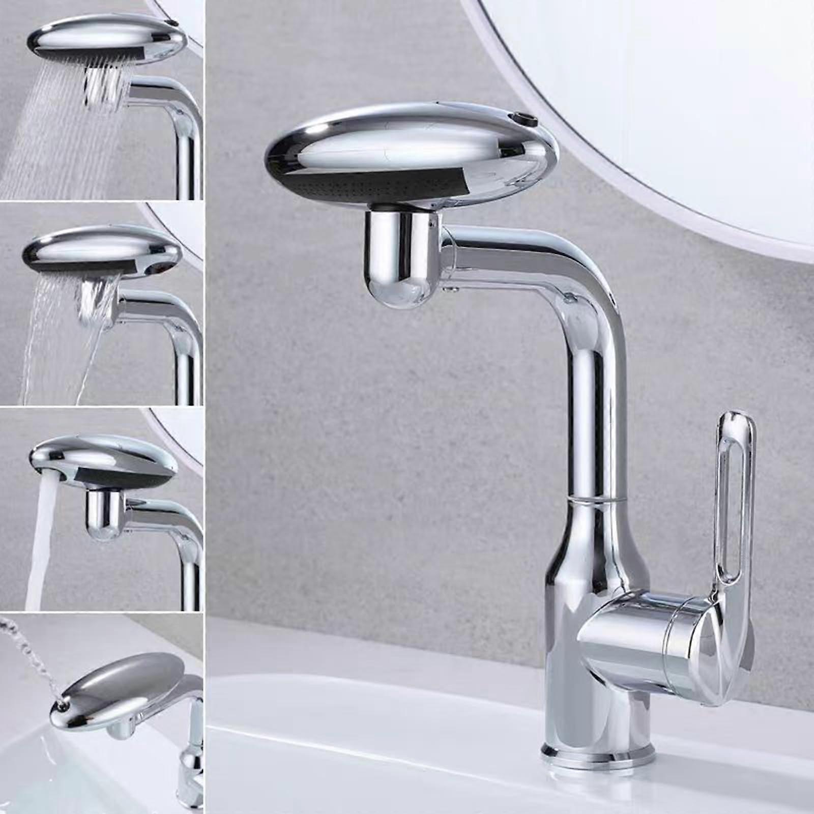 Waterfall Tap, Multifunctional 4 Modes Tap for Hot and Cold Water, 360° Rotation, Washbasin Tap for Bathroom (Galvanised) Electroplated.