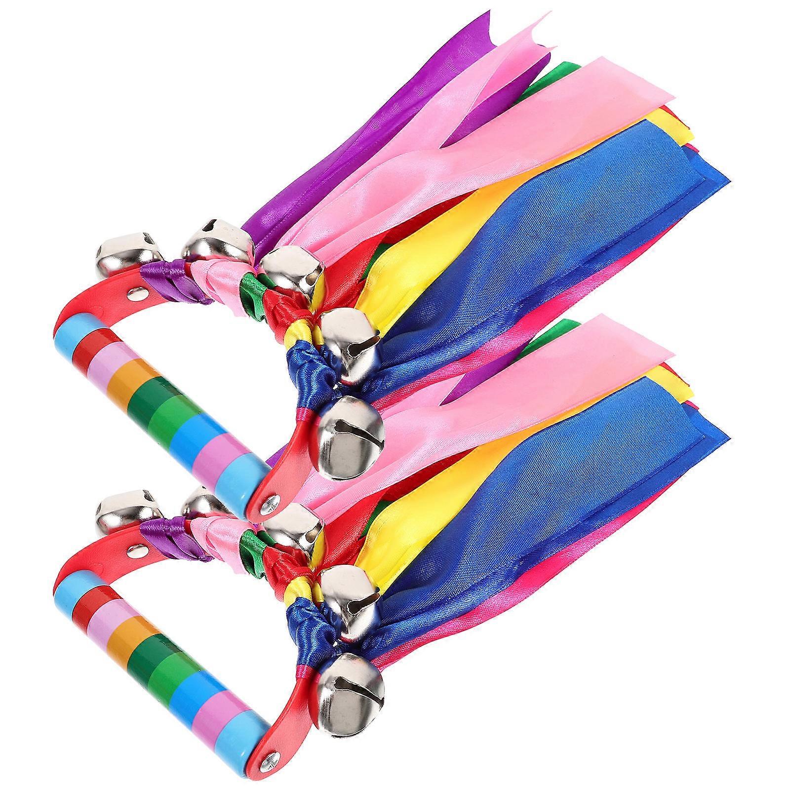 2pcs Rhythm Beat Shaking Jingle Bell Rainbow Ribbon Handheld Percussion Tambourine