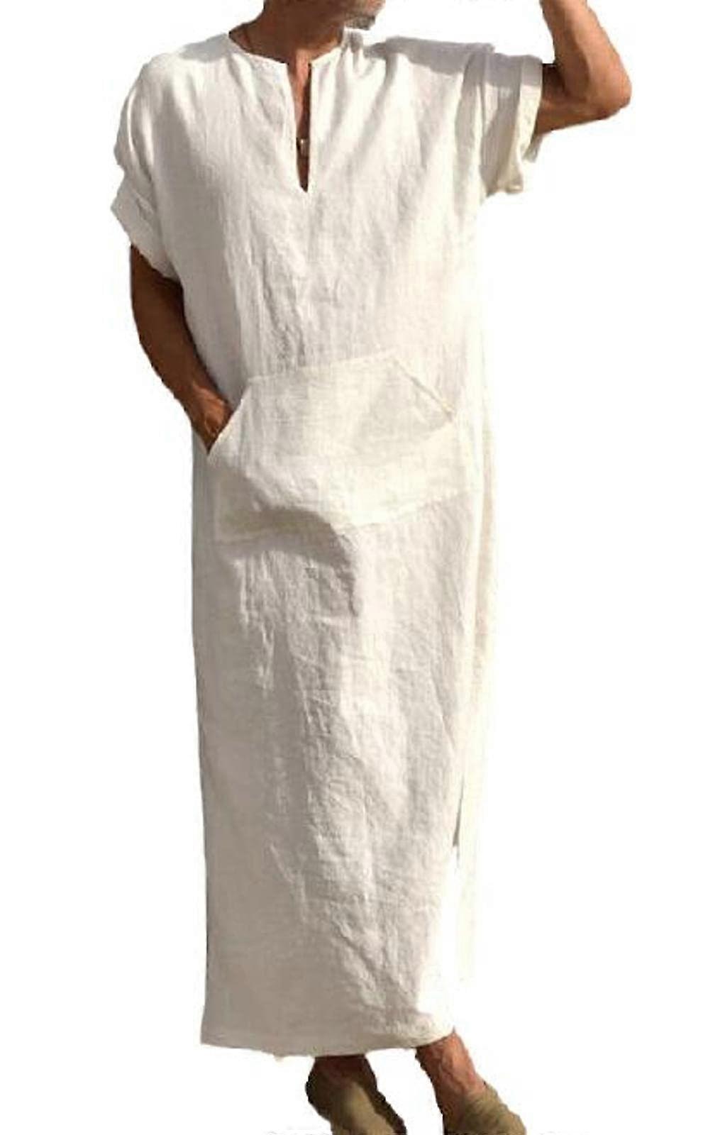 Ethnic Kaftan Robes For Men, Casual White Middle Eastern Saudi Arabian Style, Comfortable Cotton Dresses, Size M-XL
