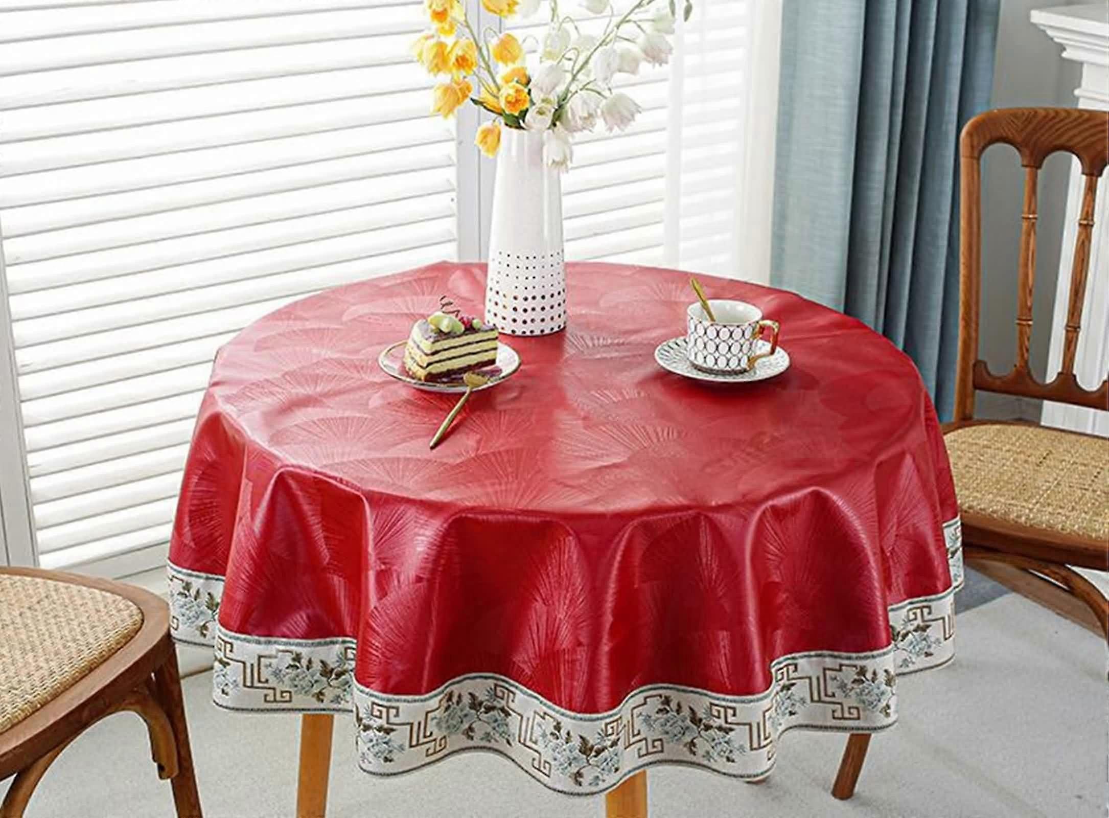 Round Tablecloth Material 240 cm Moon Embroidery Pattern, Durable ScratchResistant for Outdoor Patio, Wine Red