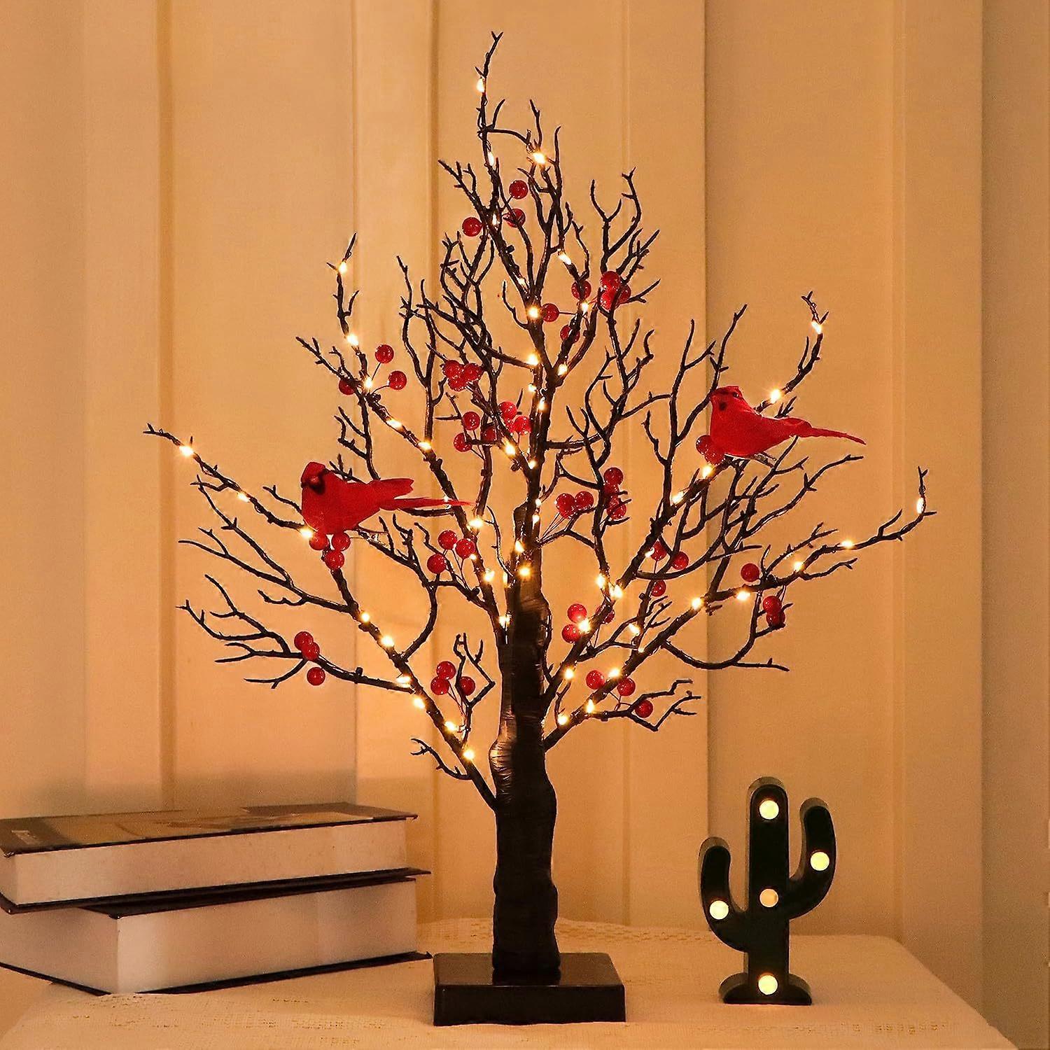 Miniature Glowing Tree with Redbirds Sculpture Artwork For Holiday Display Scary Home Accent Portable Multicolor