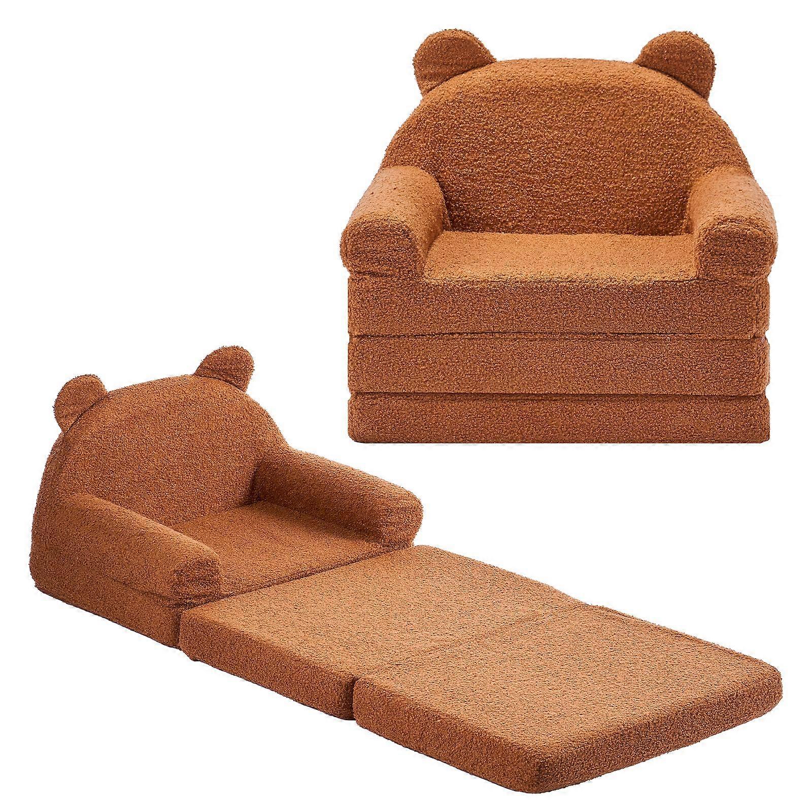 2-in-1 Kids Sofa, Foldable Bear Toddler Soft Couch with Armrests, Made of 28D Sponge & Teddy Fleece, M, Brown