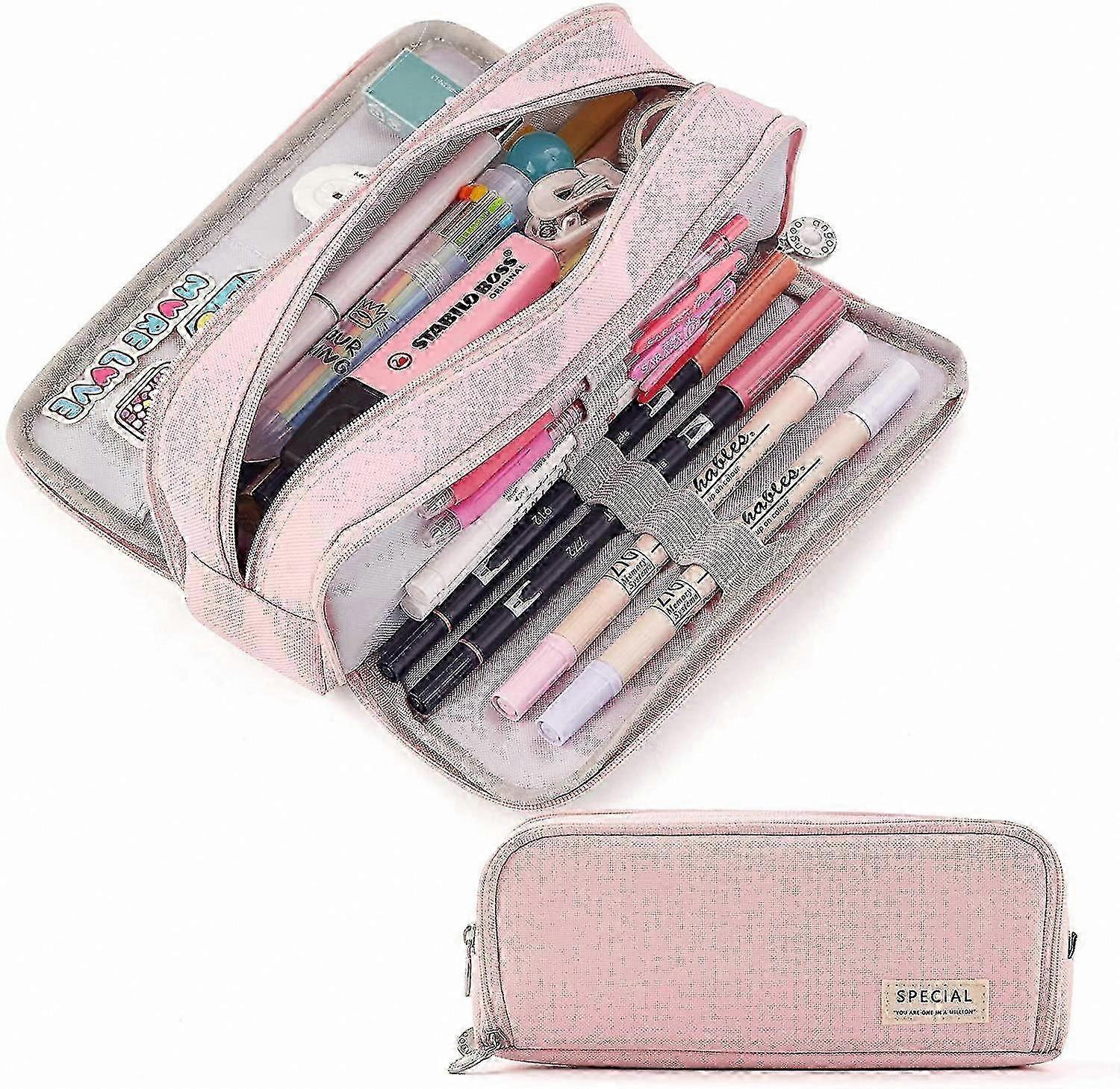 3-Compartment Pencil Case with Large Capacity for School and Office Use (Pink)
