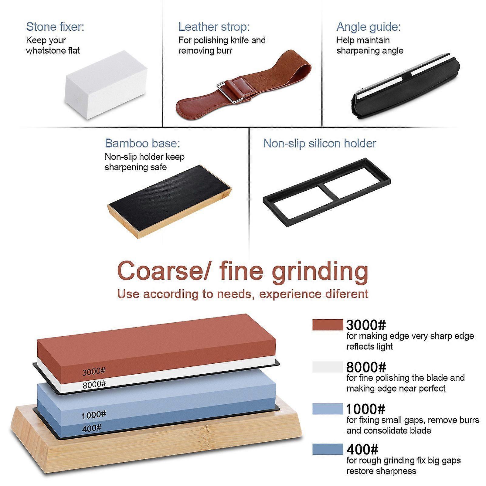 Aoresac Complete Knife Sharpening Stone Set/Dual Grit Whetstone 400/1000 3000/8000 Knife Sharpener with Leather Strop/Flattening Stone/Bamboo Base/2 N