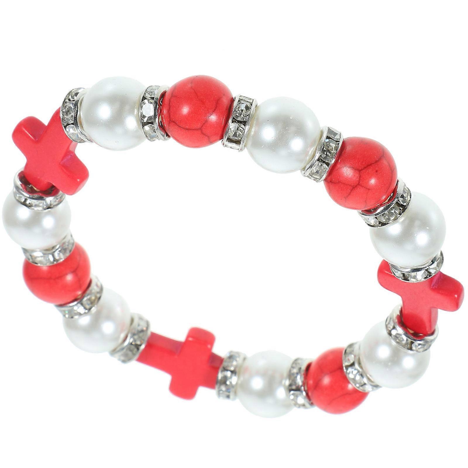 Praying Cross Bracelet 2Pcs with Turquoise Pearl Red Alloy Beads