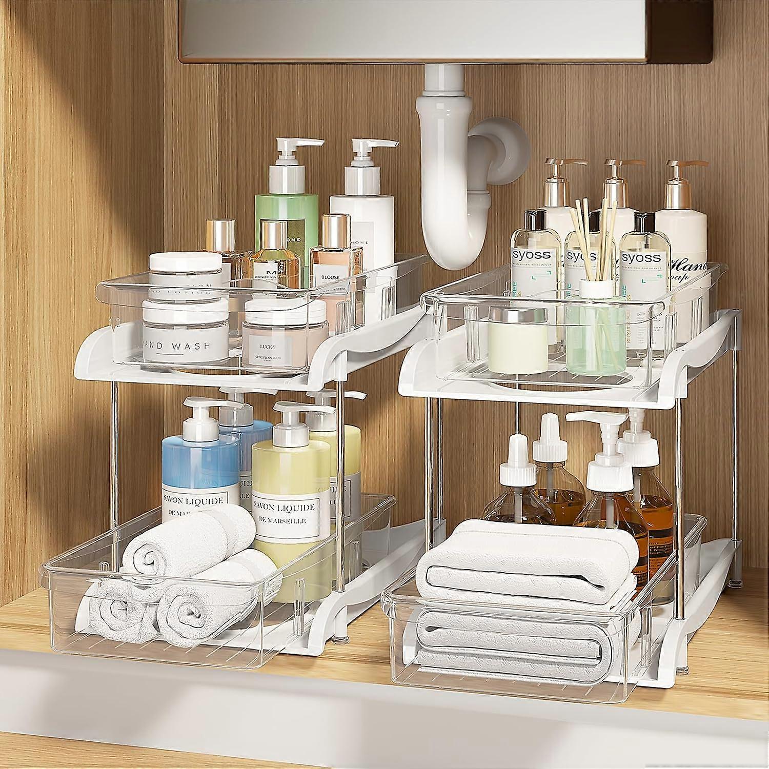 2 Packs 2-Tier Stackable Under Sink Organizers with 8 Movable Dividers, Multi-Purpose Bathroom & Kitchen Storage