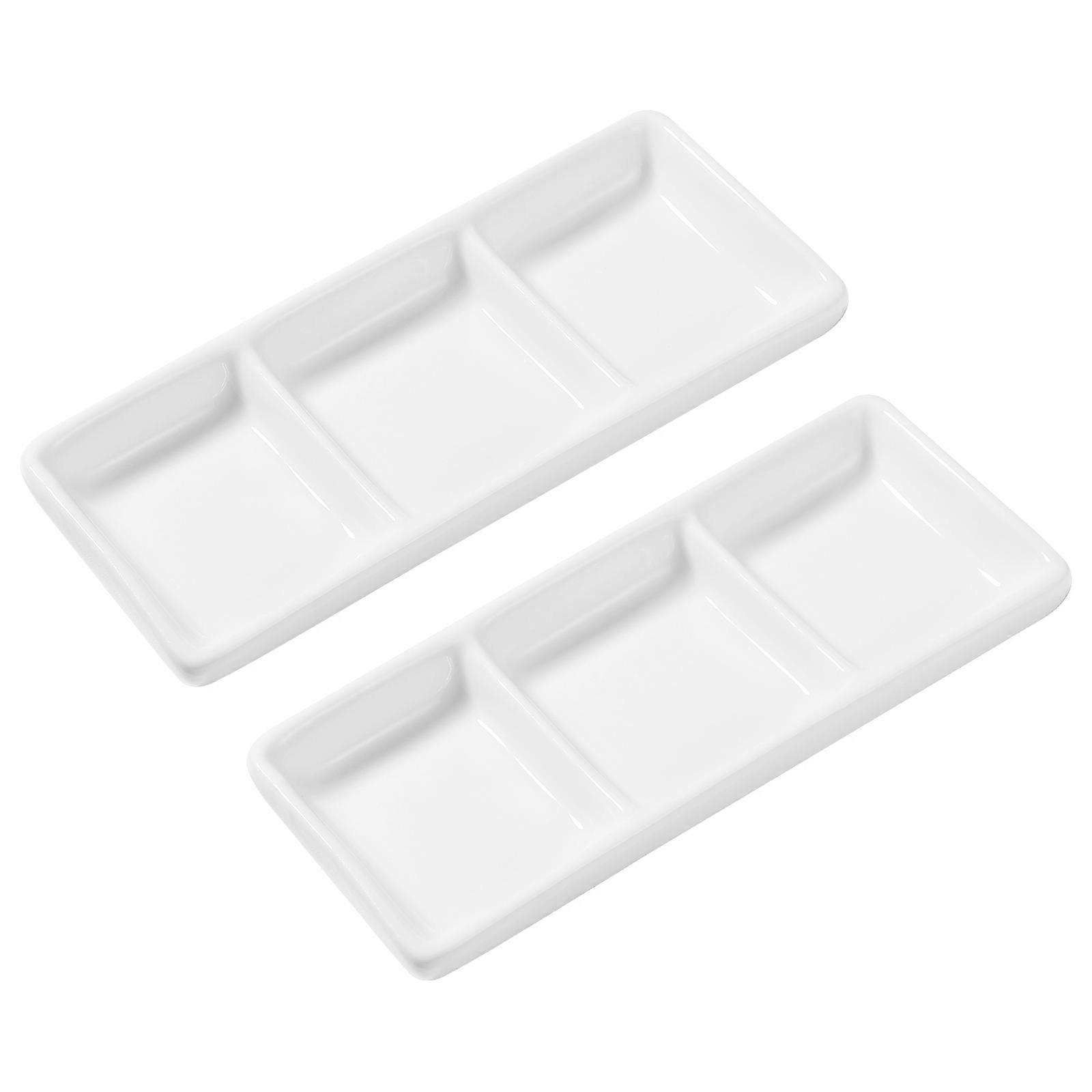 Sectioned Platter Ceramic 3 Compartment Sauce Serving Tray Rectangular White For Parties 2Pcs