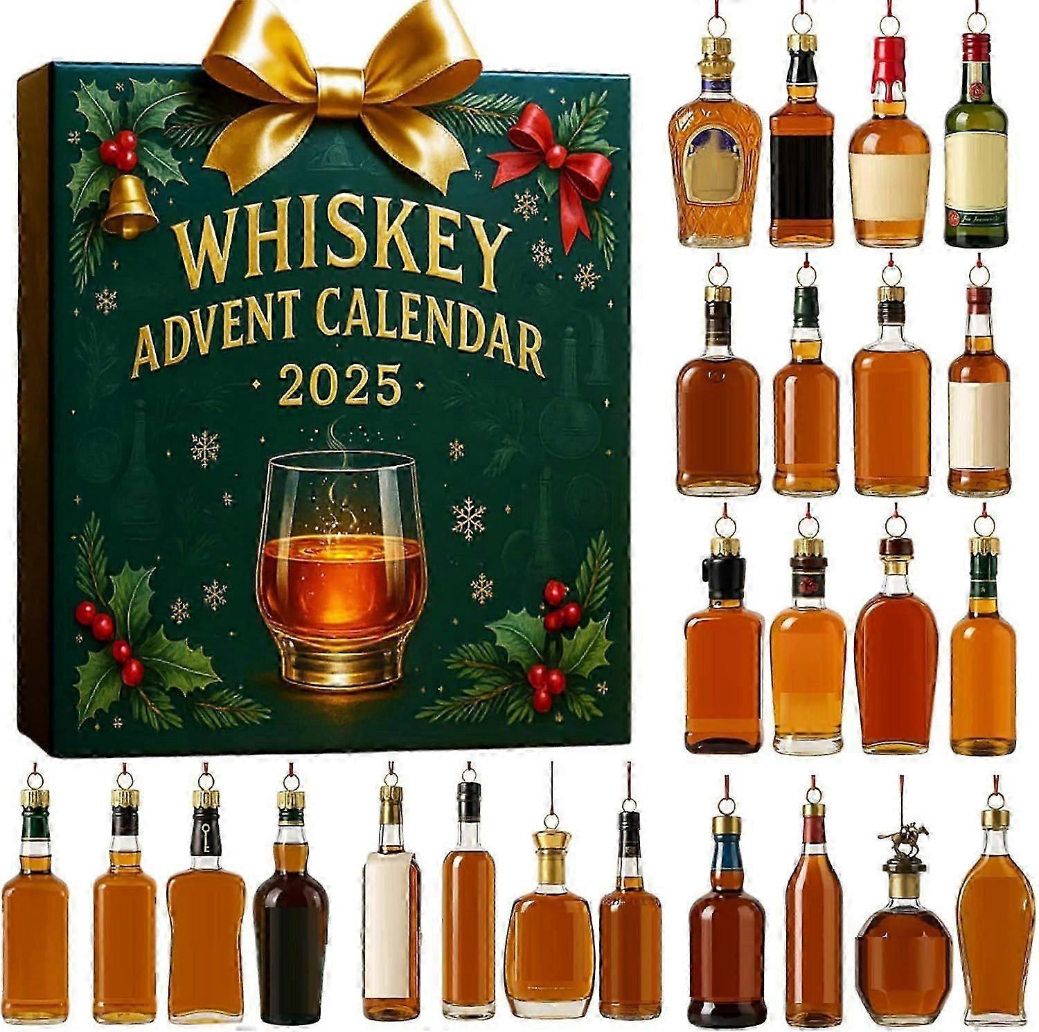 2025 Whiskey Advent Calendar, 24 Days Whiskey Countdown Calendar With 24 Whiskeys Christmas 2D Acrylic Ornaments, Christmas Tree Ornament, Gift for Wh