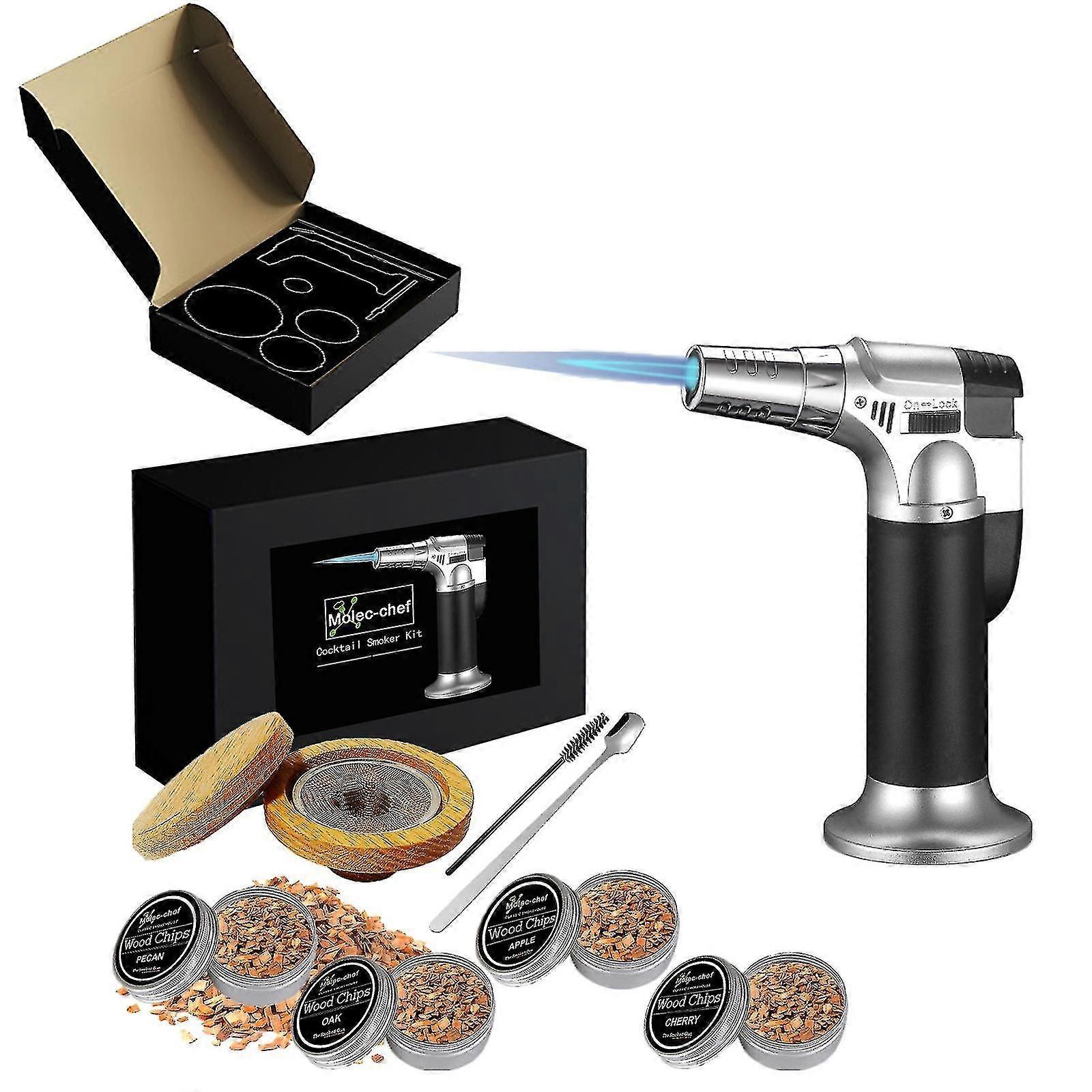 Cocktail Smoker Kit with Torch and 4 Flavored Smoking Wood Chips for Whiskey and Bourbon (no Butane)