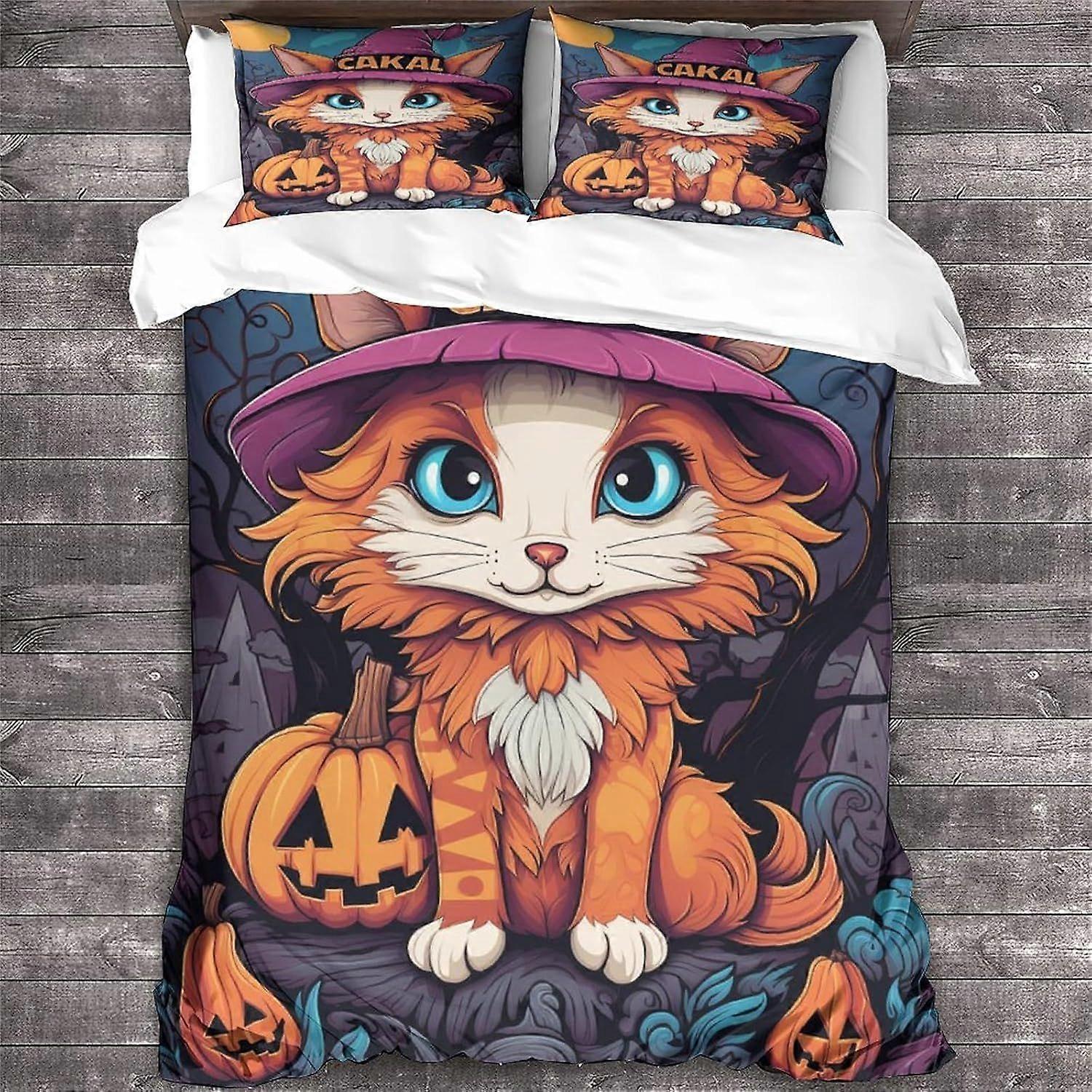 LikeEj 3 قطع القط غطاء لحاف مجموعة 3D هالوين المطبوعة موضوع الفراش لحاف غطاء لحاف مع إغلاق سحاب ، ستوكات الفراش مزدوج