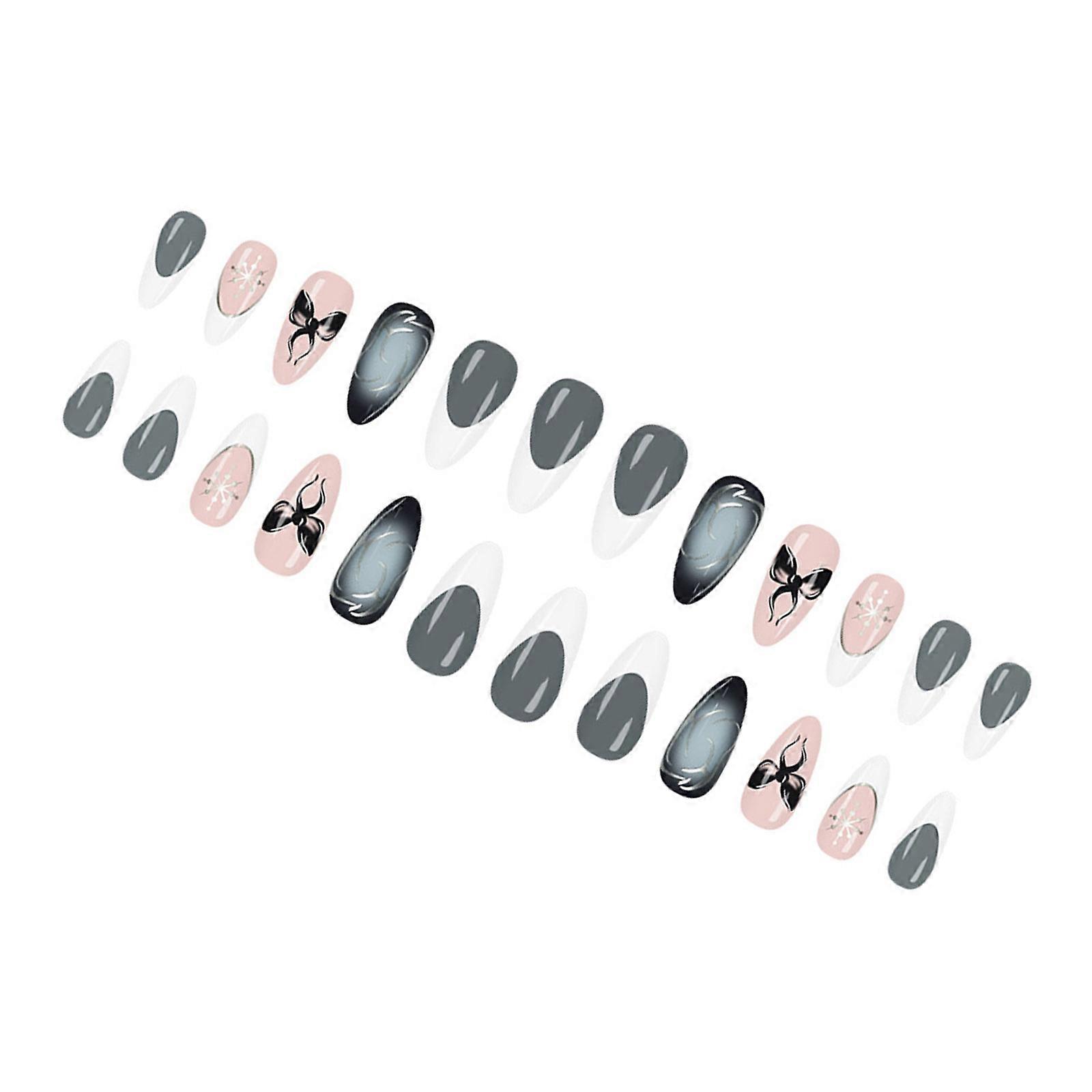 Gold Press On Nail 3D Butterfly Bows French Style Glossy False Nail 24Pcs Gothic Drop Shape ABS Material Multiple Sizes Multicolor