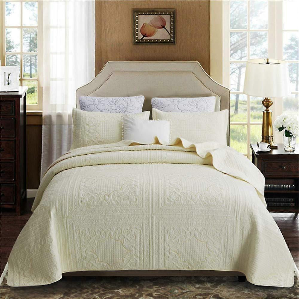 Quilted Cotton Bedspread Set White Lightweight Embossed Comforter with 2 Pillow Shams 230x250cm