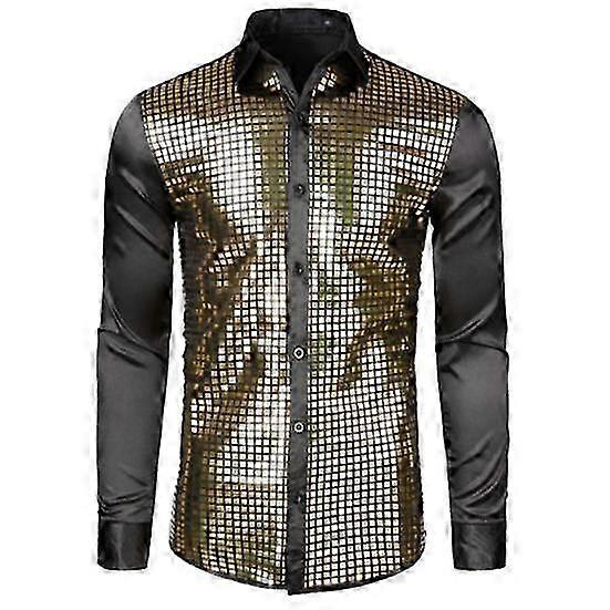 Slim Fit Men Shirt for Dance Performance, Glossy Long Sleeve with Colorful Stripe and Sequin Lapel