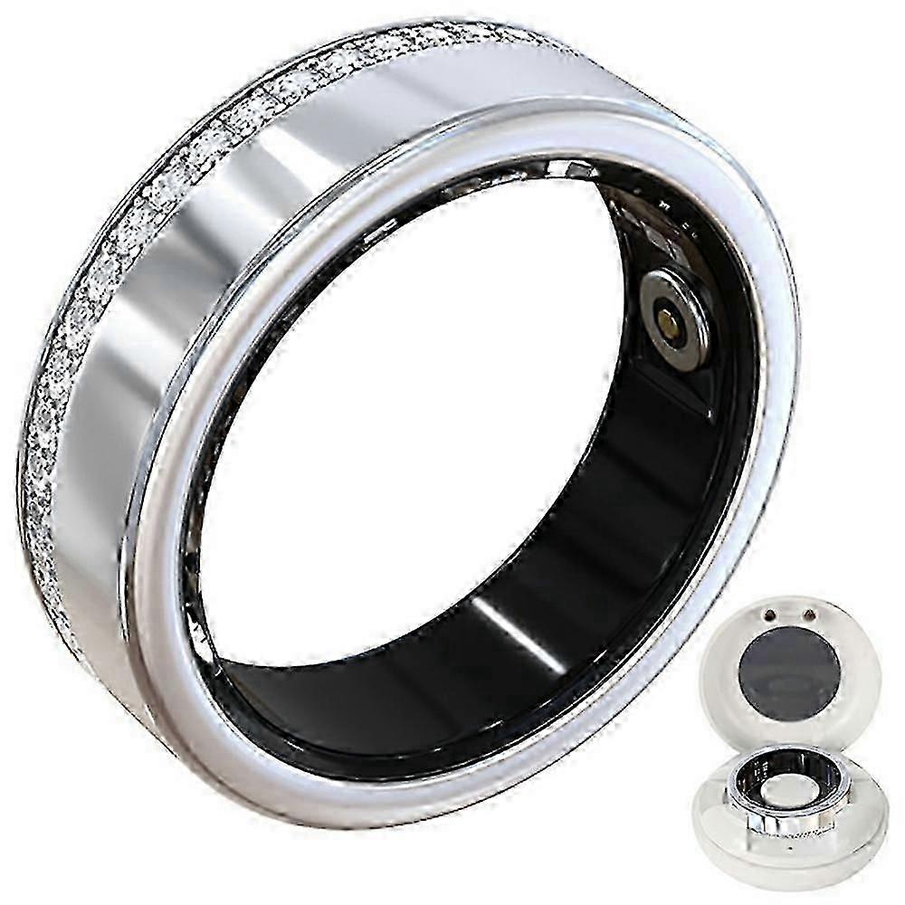 V8Rhinestone-decorated smart ring with sleep and heart rate monitoring, and charging case.