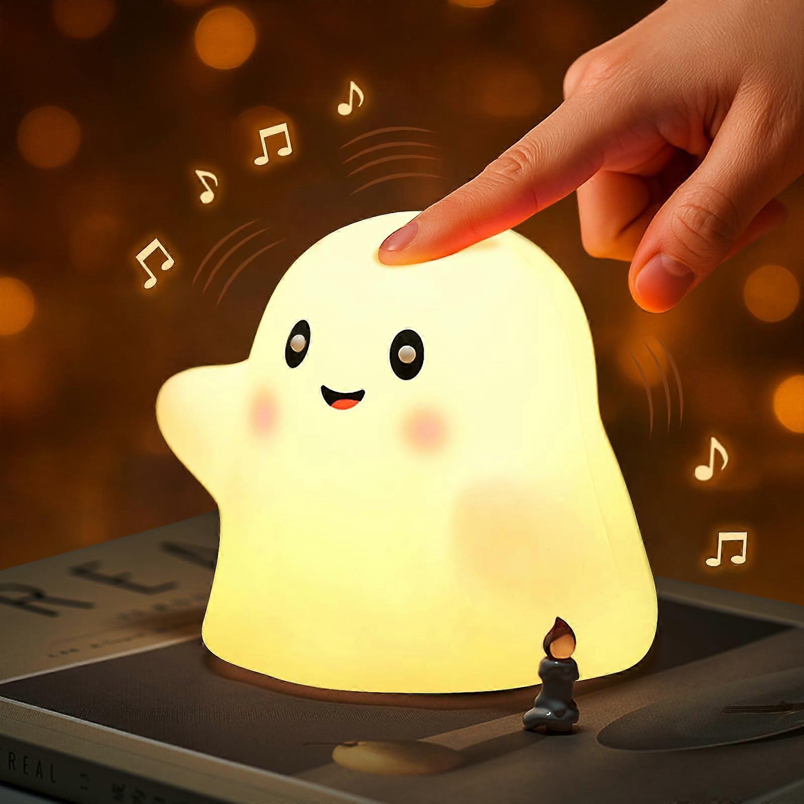 Kids Ghost Night Light with Timer, Touch Dimmable Silicone Lamp, Soothing Sounds, Rechargeable