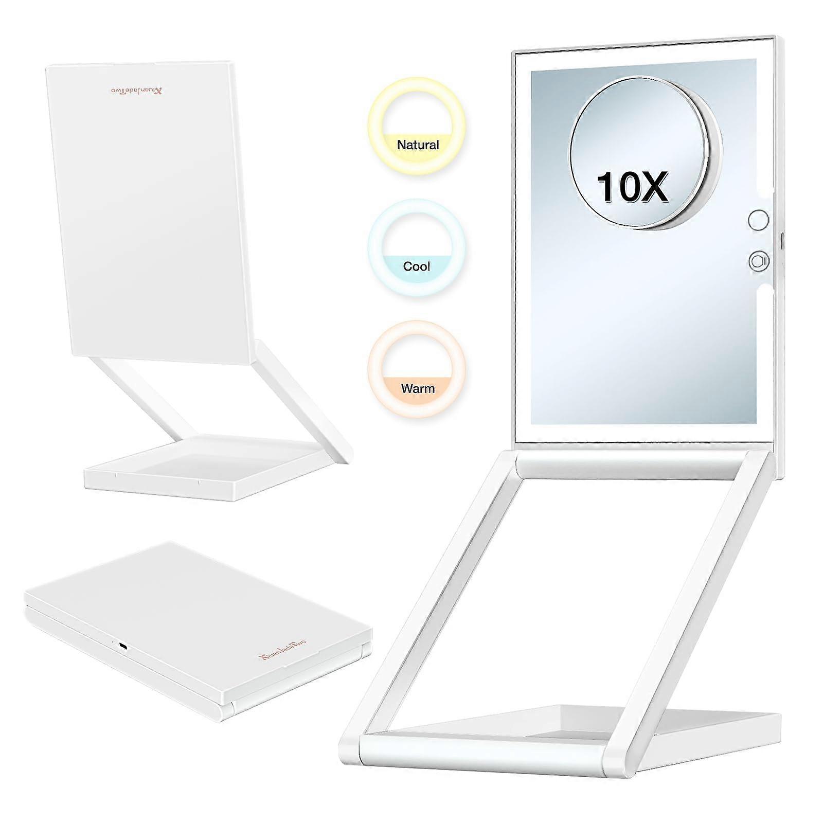 Lighted Makeup Mirror with 10X Magnification, 3 Color Dimmable LED, USB Rechargeable, Folding Design