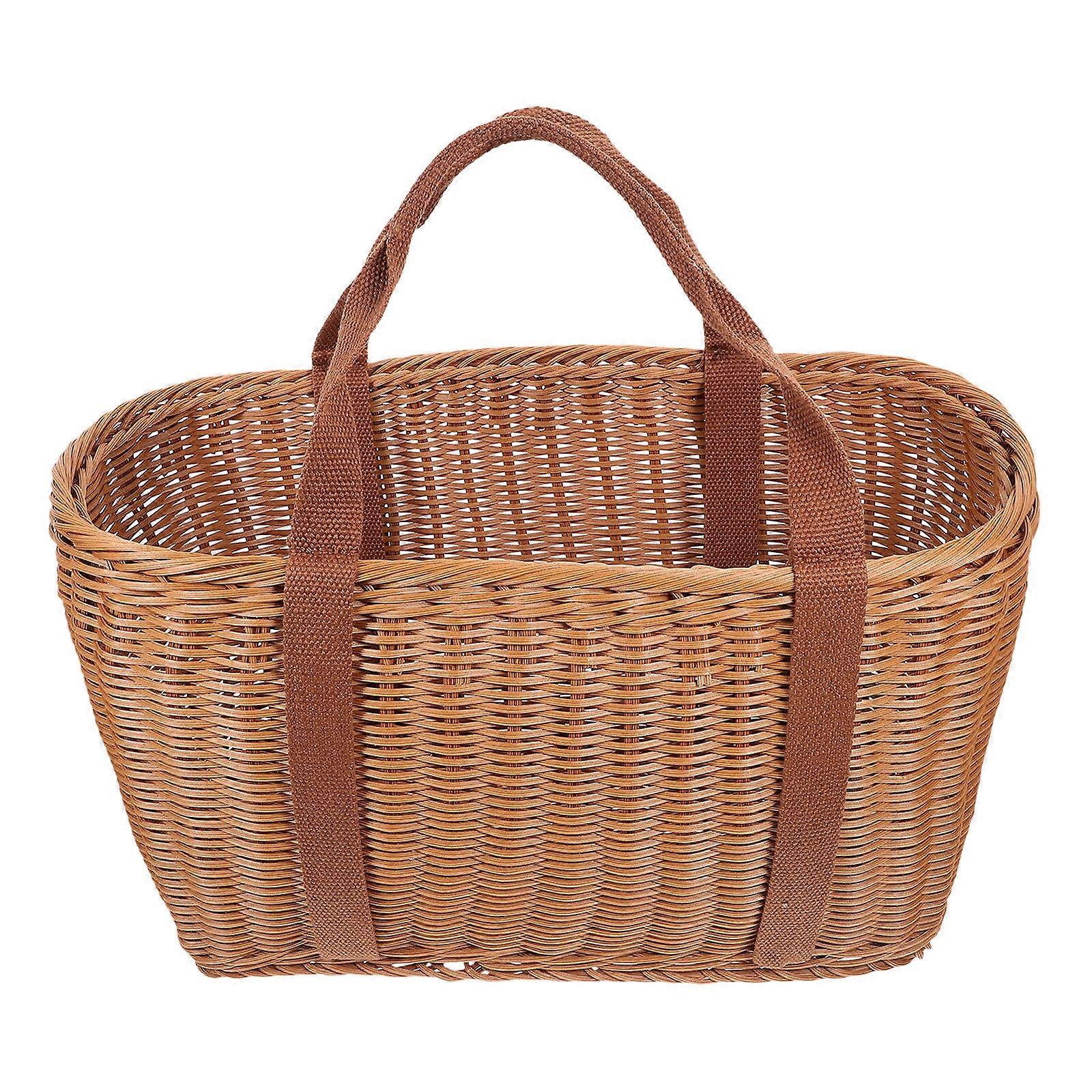 Simulation Rattan Woven Basket Handheld Basket for Camping Brown