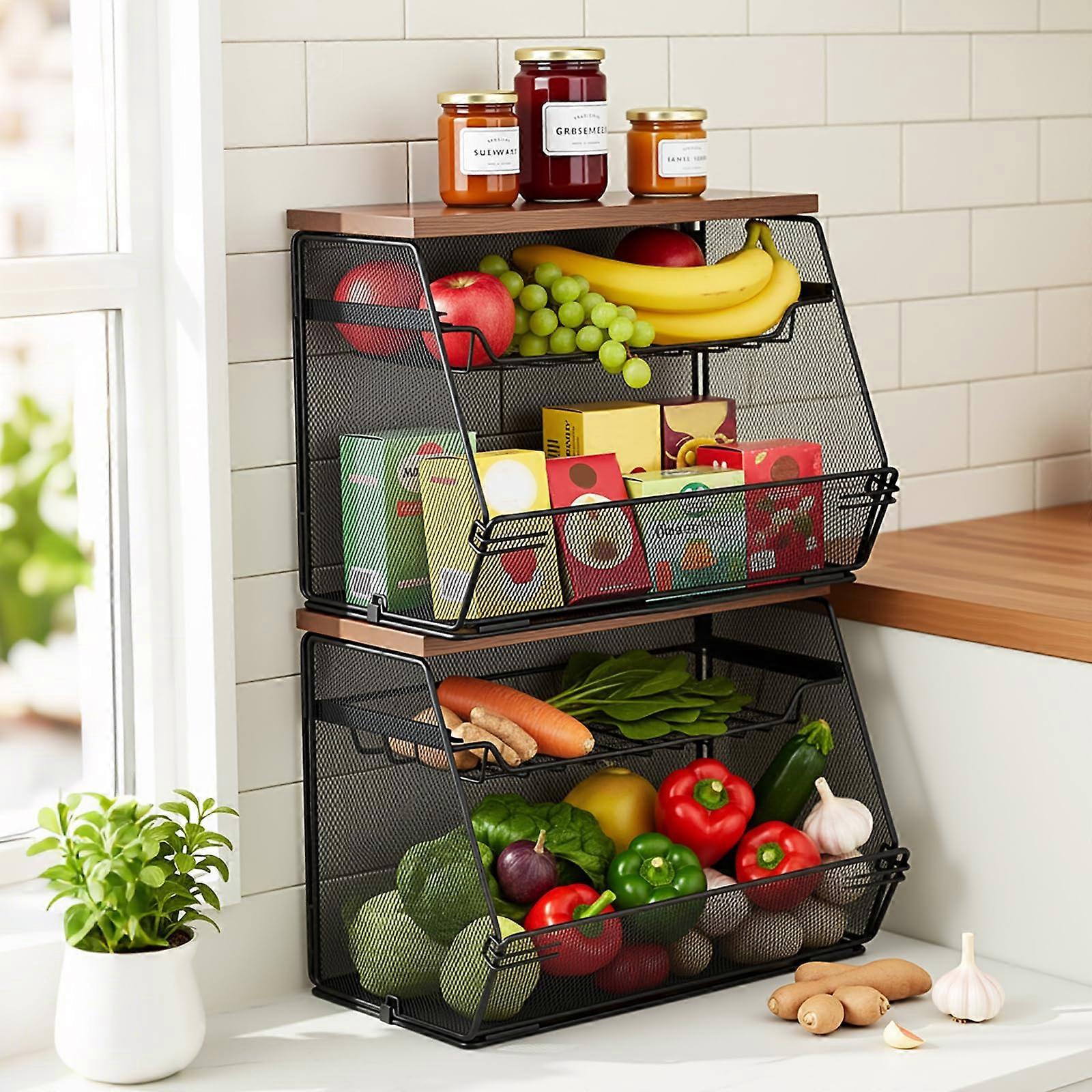 2 Pcs Stackable Fruit Basket with Lid, TwoTier Metal Wire Kitchen Counter Storage Bins, Black