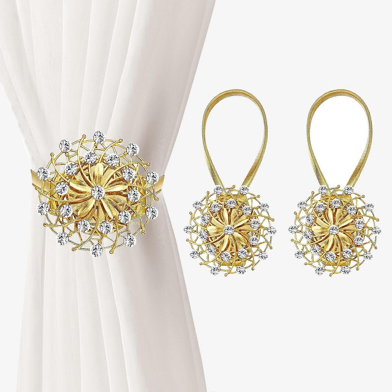 2PCS Gold Magnetic Curtain Tiebacks with Crystal Decorative Accent and Elastic Spring Wire Holdbacks