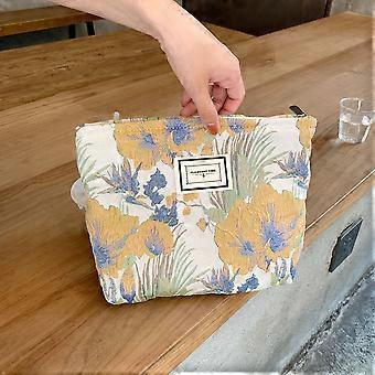 1PC Vintage Woven Satin Fabric Storage Bag Large Capacity Portable Makeup Toiletry Bag - Fashionable Organizing Solution