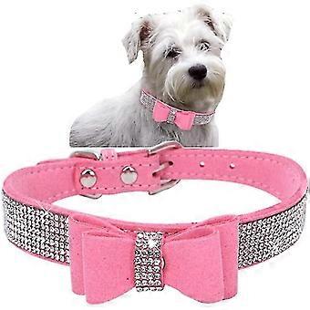 25-26 Crystal Dog Collar With Bow Tie Rhinestone Puppy Collars Bling For Small Dogs Boy Girl Pink,s