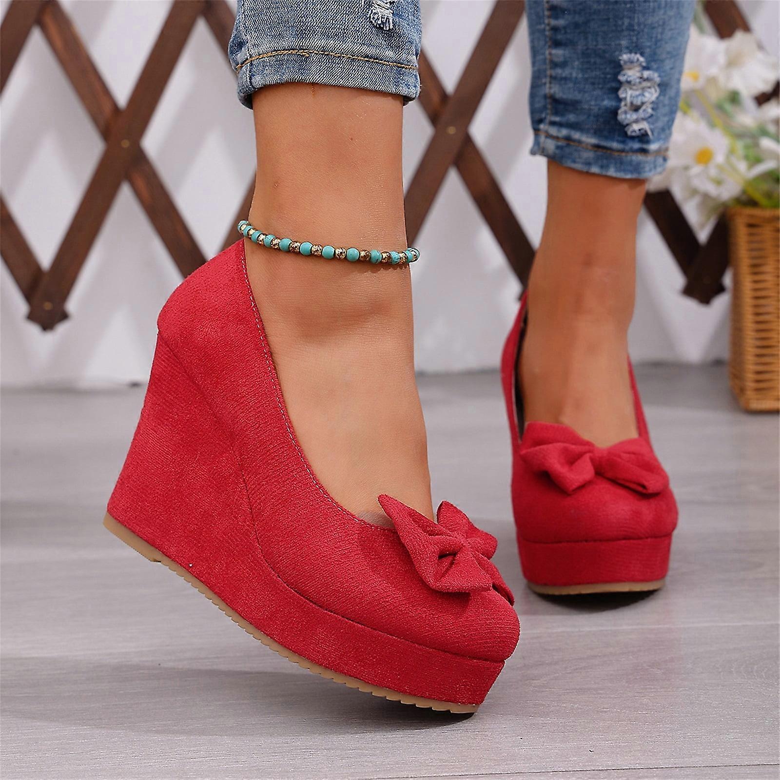 Willtoo Women's Bow Platform Wedge High Heels Ankle Strap Pumps Red