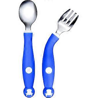 316 Stainless Steel Baby Utensils Spoons Forks 2 Sets, Easy Grip Silicone Handle Feeding Training Spoon and Fork for 6 Months+, 360 Bendable Flatware 