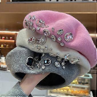 French Beret Thick Rhinestone Decor Solid Color Brimless Thermal Decorative Wool Artist French Style Painter Hat Women Headwear White