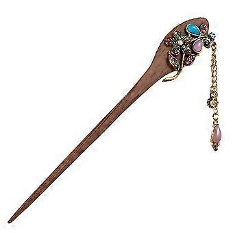 1PC Stylish Wooden Hair Stick Vintage Bronze Hair Pin Traditional Flower Hairpin for Women Hair Styling (Blue)