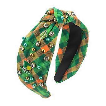 Women Valentines Day Hairband Faux Pearl Rhinestone Decor Shamrock Print Wide Band Fabric Knot Colorful Elastic Anti-slip Head Decoration Lady Hair H