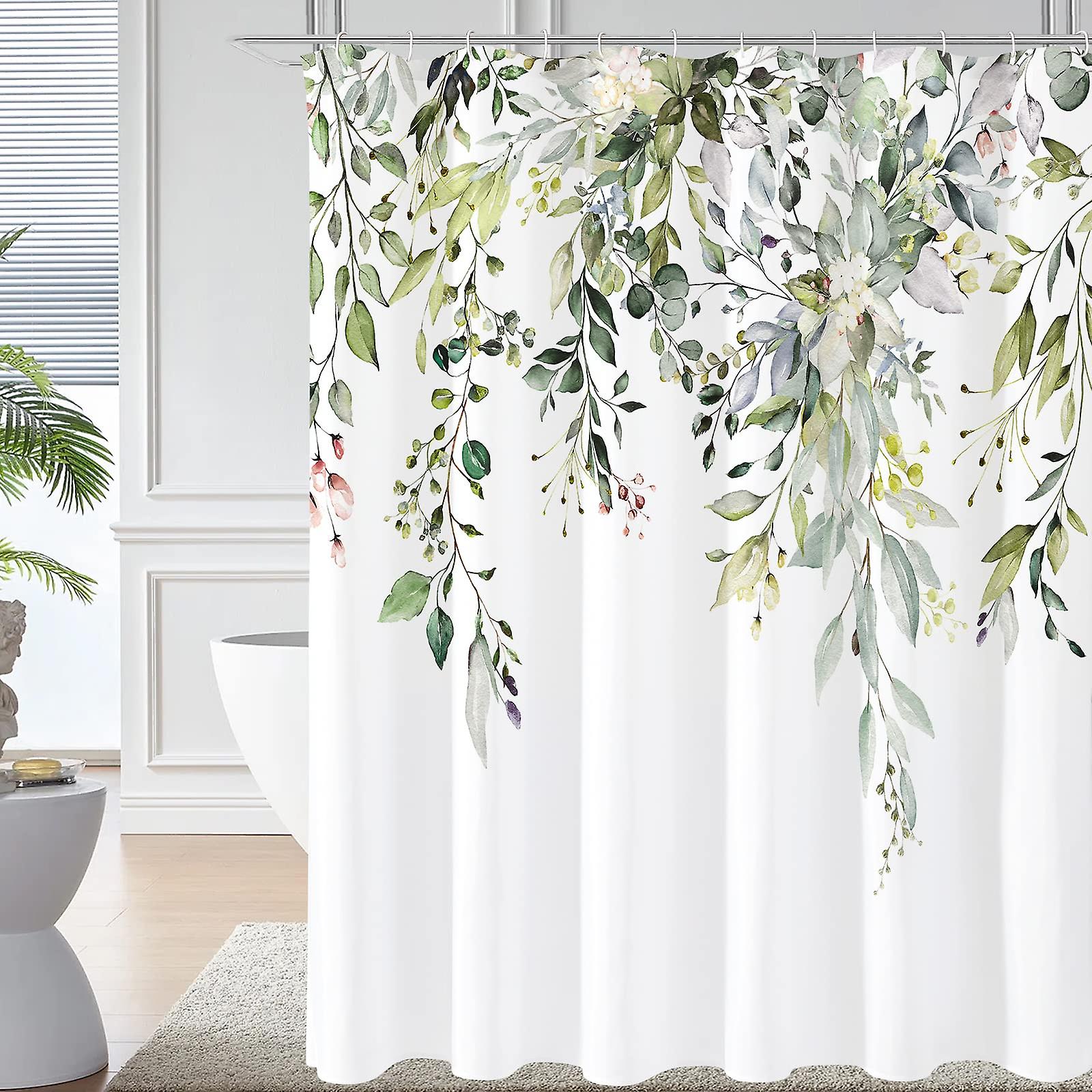 Sage Green Eucalyptus Shower Curtain 72x72 Inch, Waterproof Fabric with Watercolor Plant Leaves and Floral Design, Includes Hooks