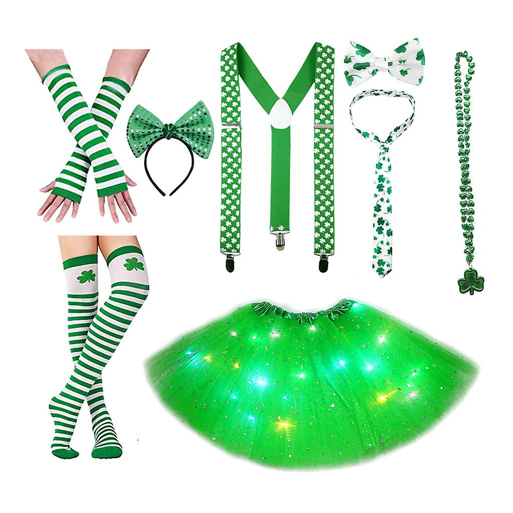 St. Patrick’s Day Kostüm-Set – Grün-weiße Overknee-Socken & Handschuhe, Für Karneval & Partys
