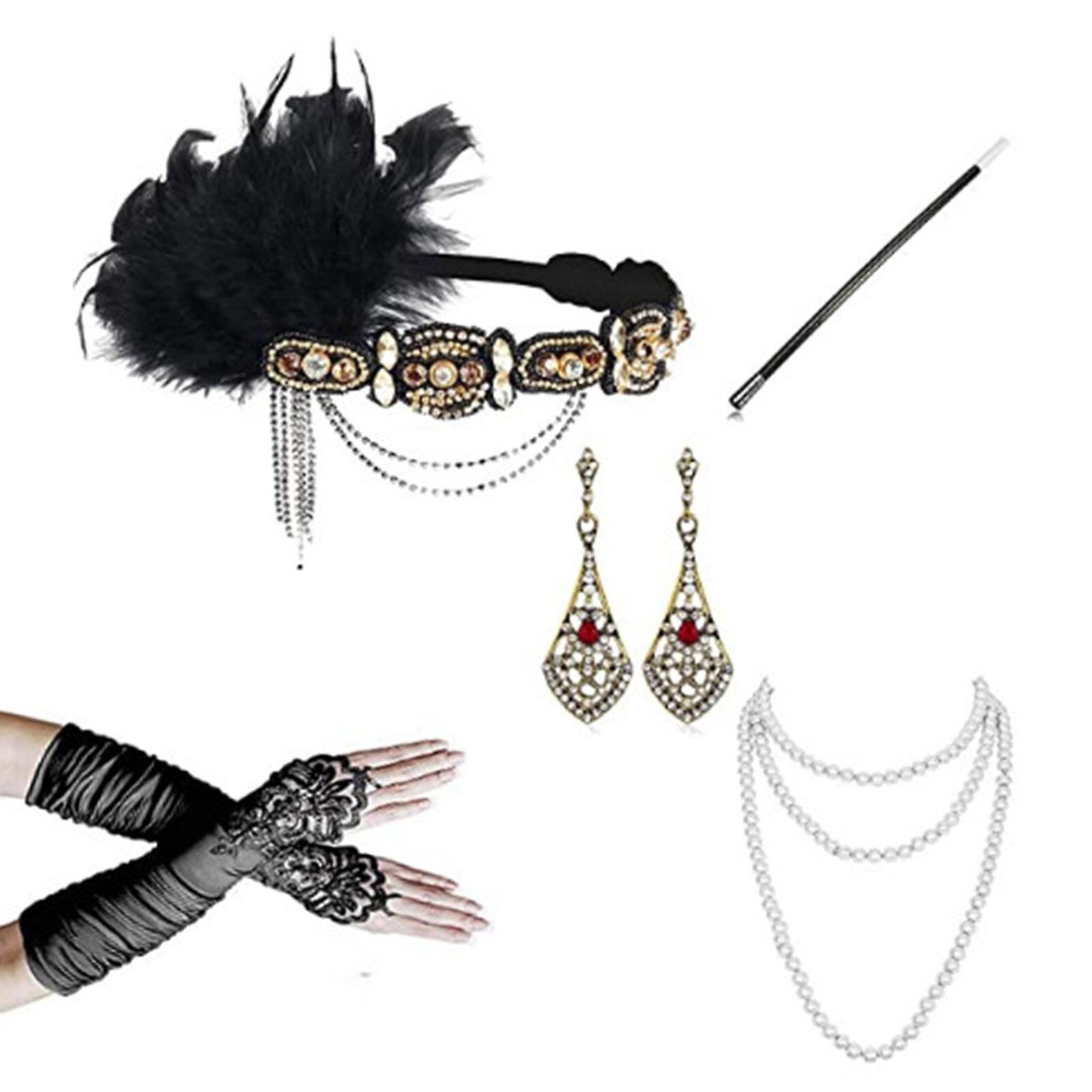 1920-luvun flapper Gatsby pukutarvikkeet setti 20-luvun läppäpääpanta helmikaulakoru käsineet pidike