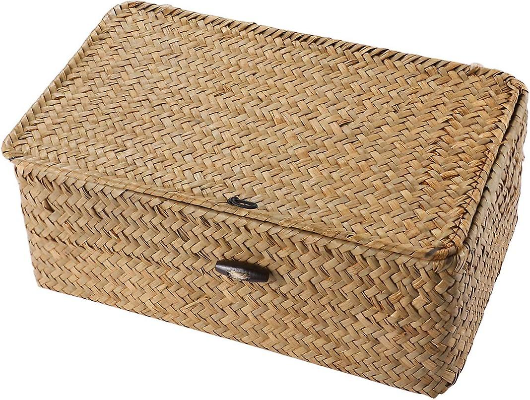 Rattan Storage Basket Makeup Organizer Multipurpose Container with Lid (M)