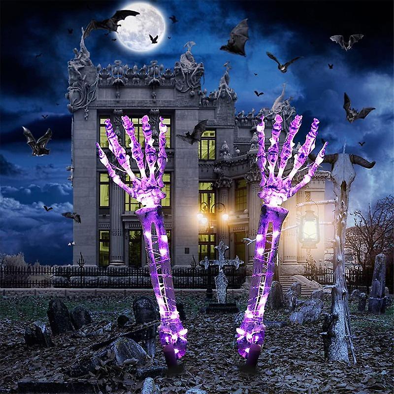 Set of 3 Halloween Skeleton Simulation Hand Bone Skull Props Garden Decoration Purple Glowing