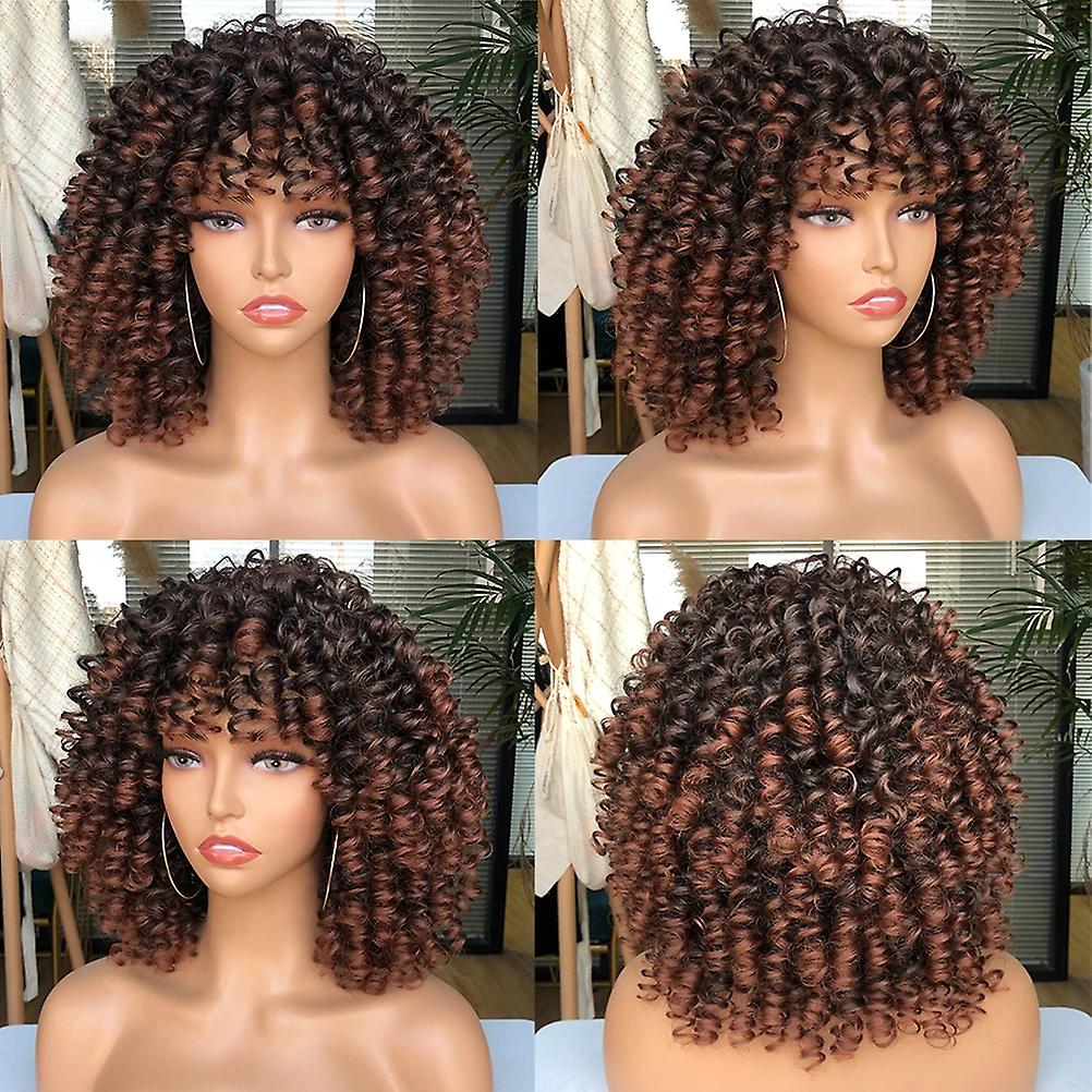 Short Curly Afro Wig with Bangs Rose Net High-Temp Fiber