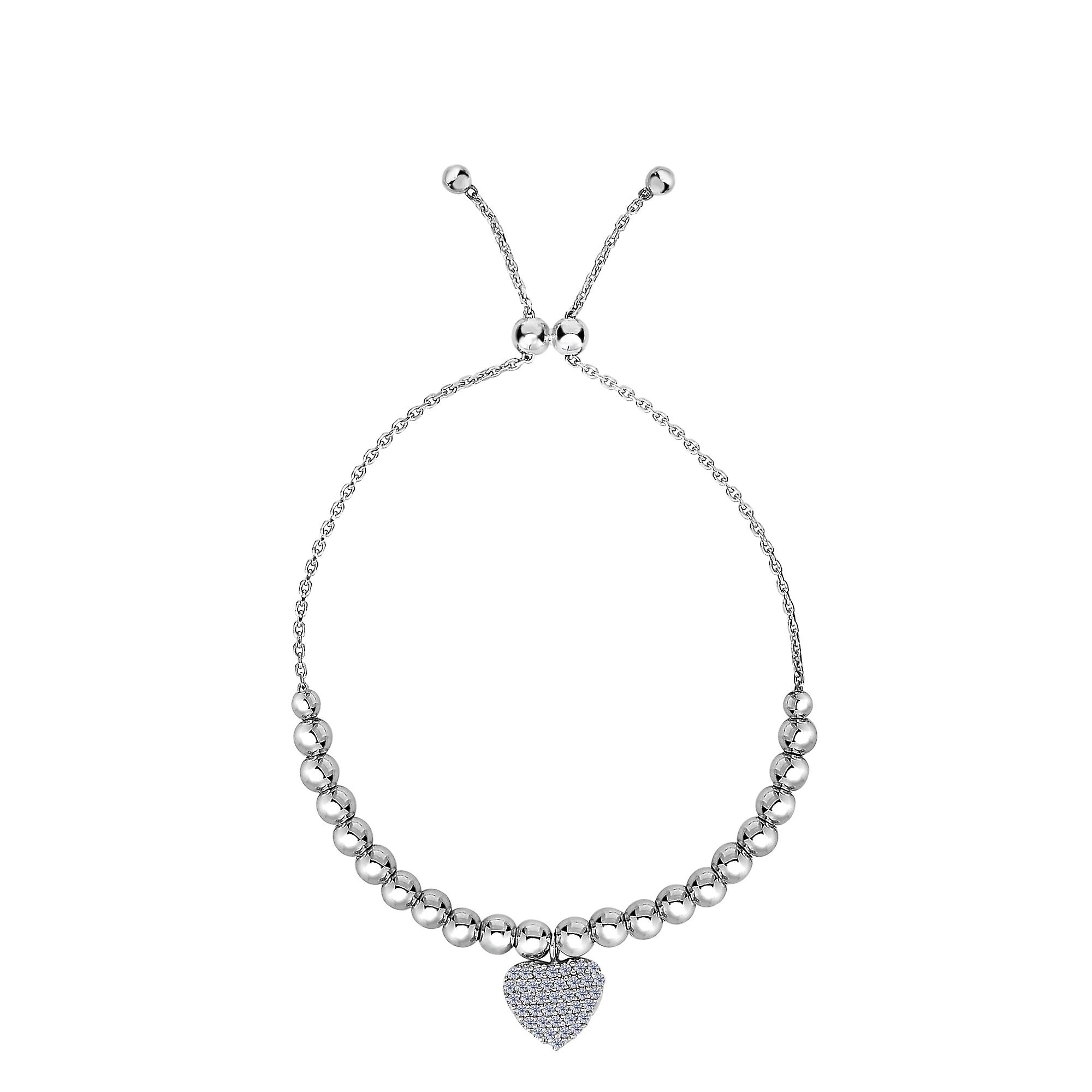 纯银珠子和CZ心形魅力元素可调节的Bolo友谊手链，9.25英寸