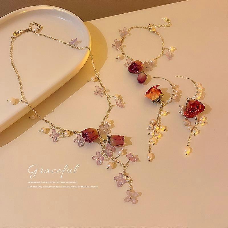 Flor Pérola Handmade Flower Colar Dangle Brincos Pulseira Set